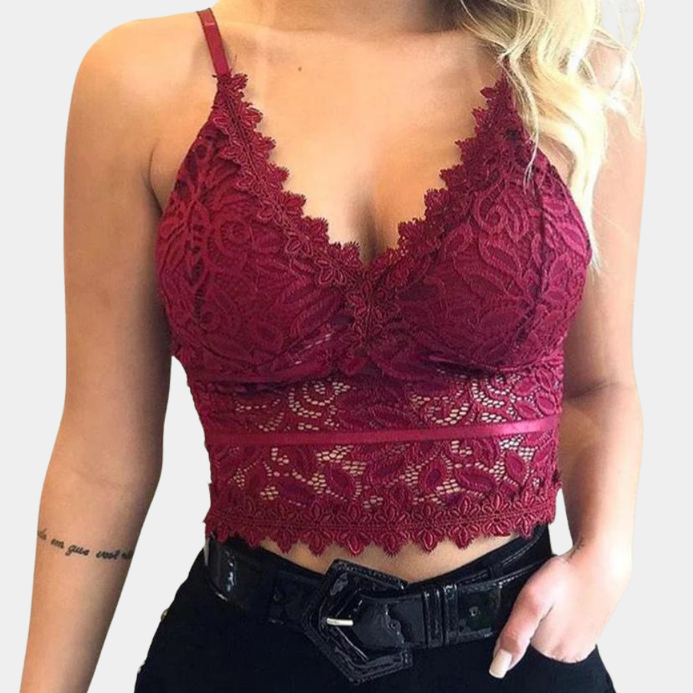 Kanten cropped top rood met V-hals en detailvoorkant