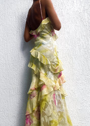 Yellow and pink floral dress with ruffles close-up detail