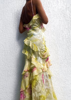 Yellow and pink floral dress with ruffles close-up detail