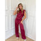 Jumpsuit rood satijn met hoge hals en breed pijpen front view