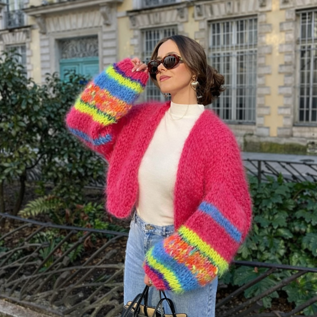 Trui met strepen en pofmouwen roze en regenboogkleuren front view
