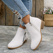 Witte suède laarzen met hak en rits vooraanzicht