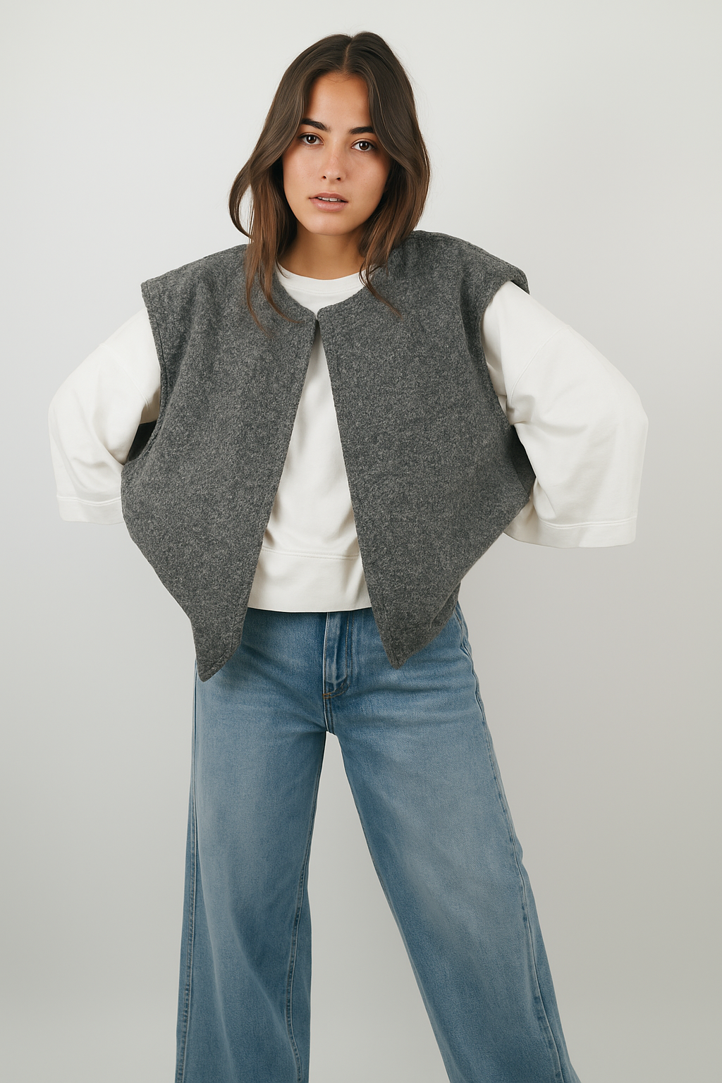 Vest grijs wolmix dames front view
