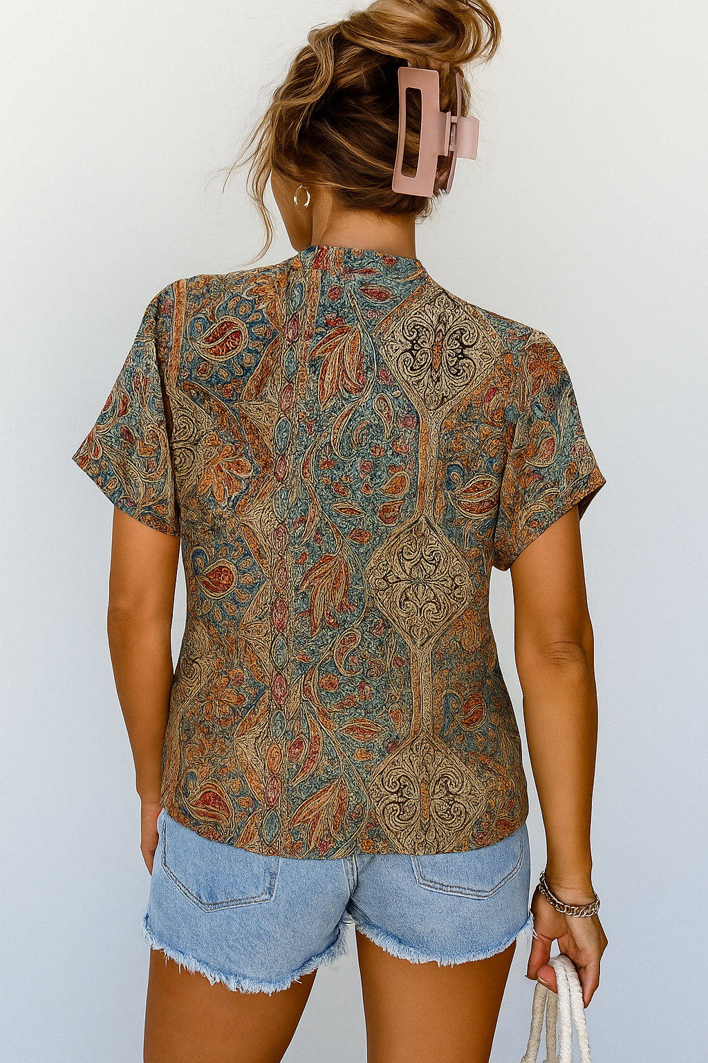 Blouse with detailed paisley pattern, short sleeves, back view