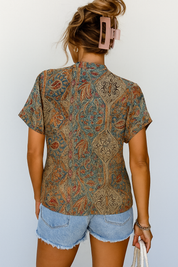 Blouse with detailed paisley pattern, short sleeves, back view