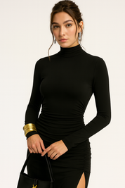 Maxi jurk zwart met hoge split en leather-look taille front view