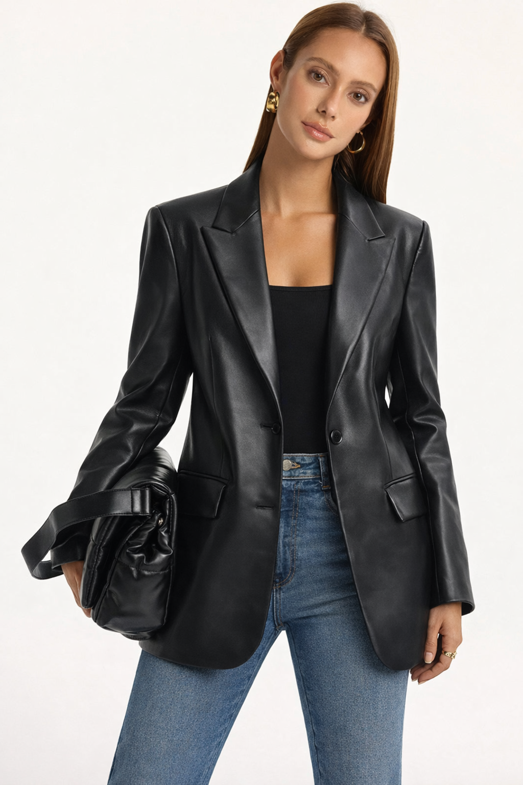 Women's black faux leather blazer front view