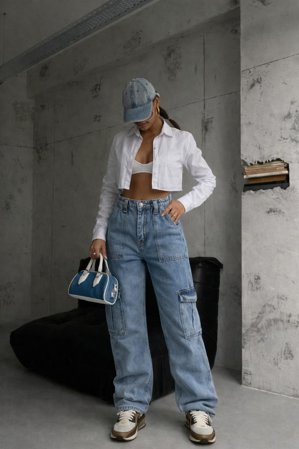 Dames broek met zakken lichtblauw denim model shot