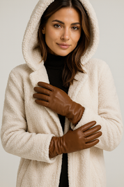 Damesjas beige met capuchon en geborsteld materiaal, front view