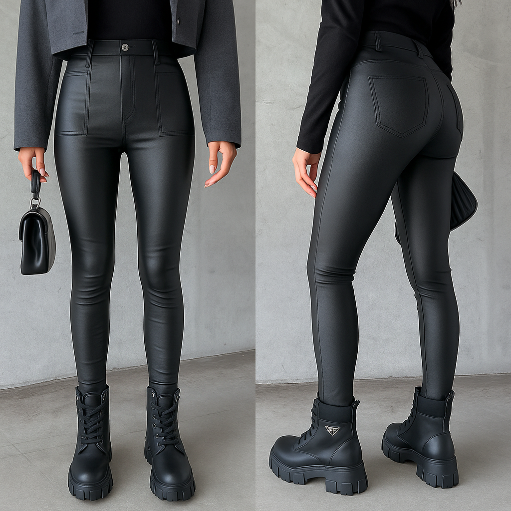 Zwart leerlook jeans strak model achterzijde