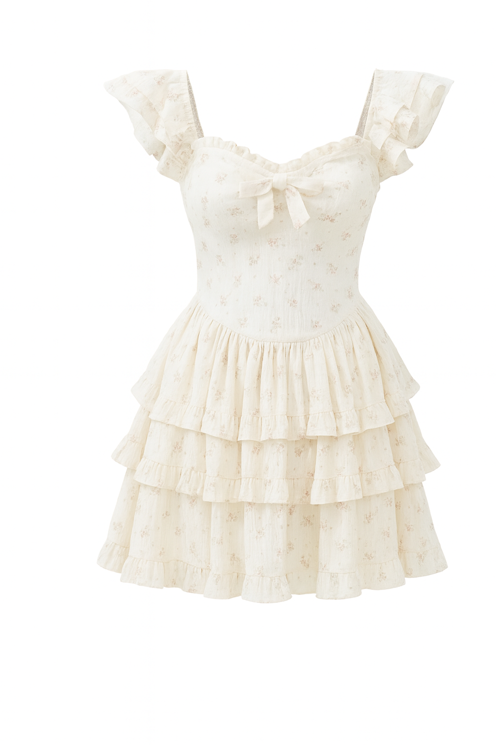 Mini dress with ruffles and floral print studio shot