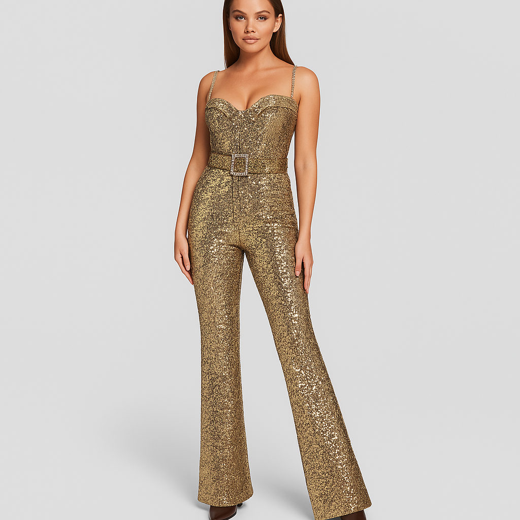 Gouden pailletten jumpsuit met flared pijpen front view