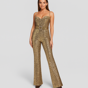 Gouden pailletten jumpsuit met flared pijpen front view