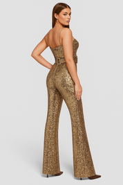 Glitter jumpsuit goud met flared pijpen en riem, zijkant