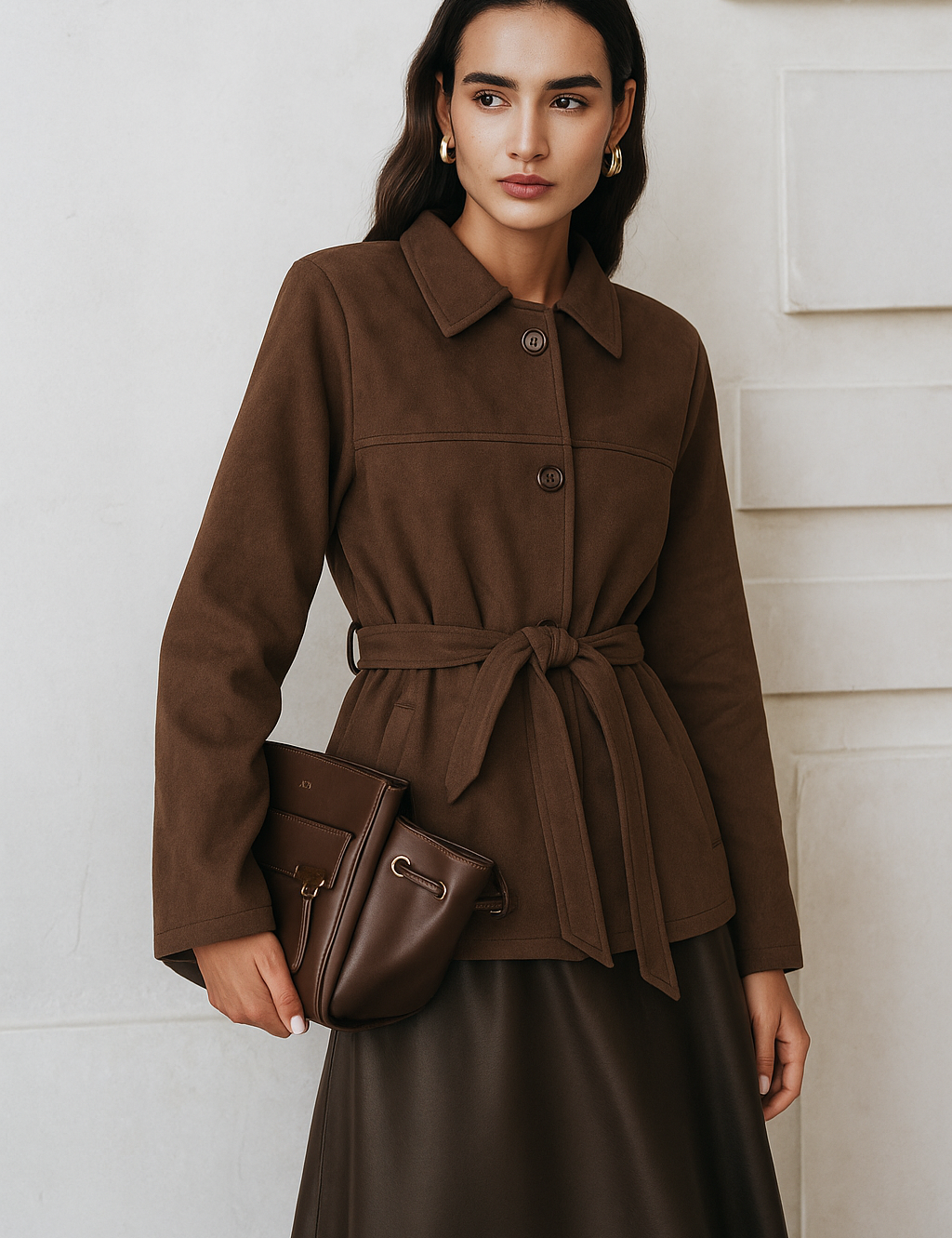 Brown women's jacket with belt front view