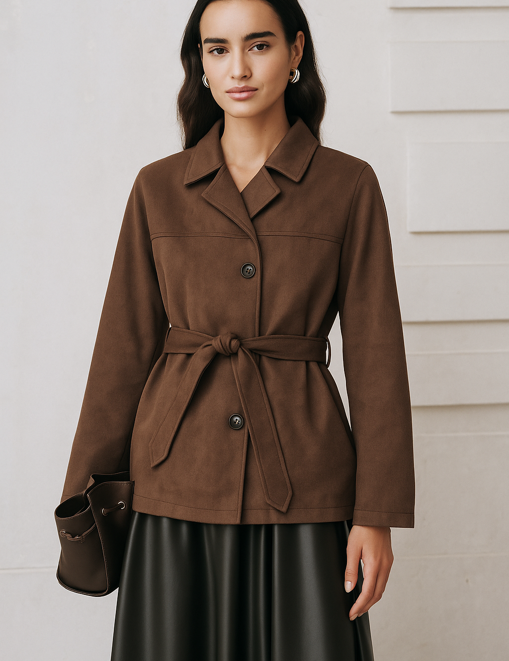 Brown women's jacket with belt and buttons front view