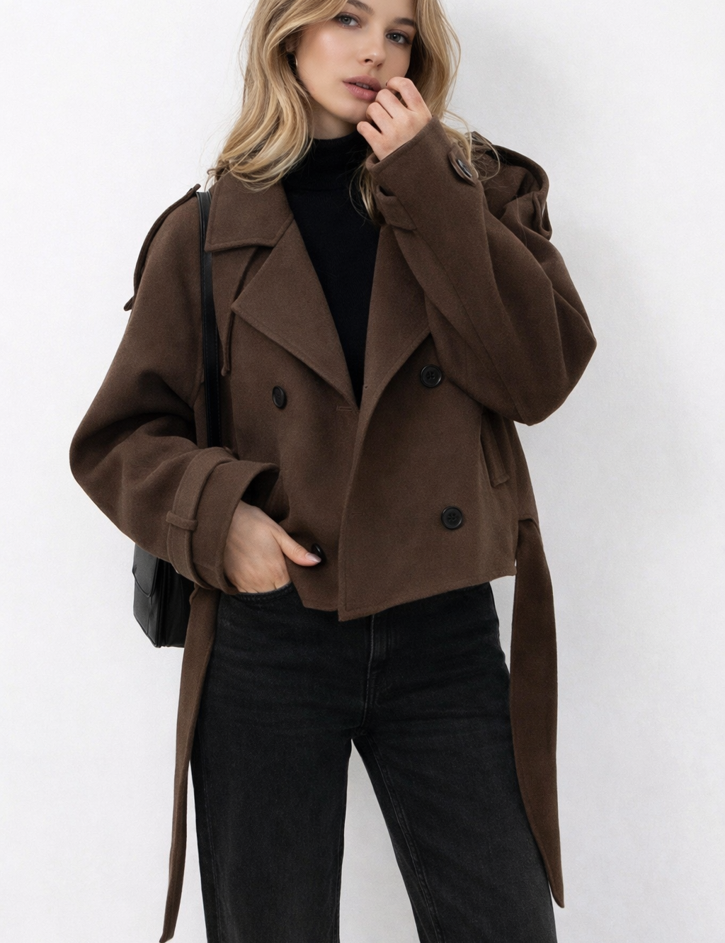 Brown wool jacket with belt front view