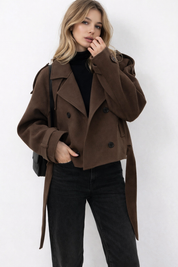 Brown wool jacket with belt front view