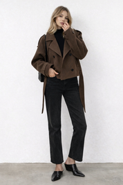 Brown wool jacket with belt full body view
