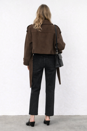 Brown wool jacket with belt back view