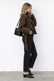 Brown wool jacket with belt angled side view