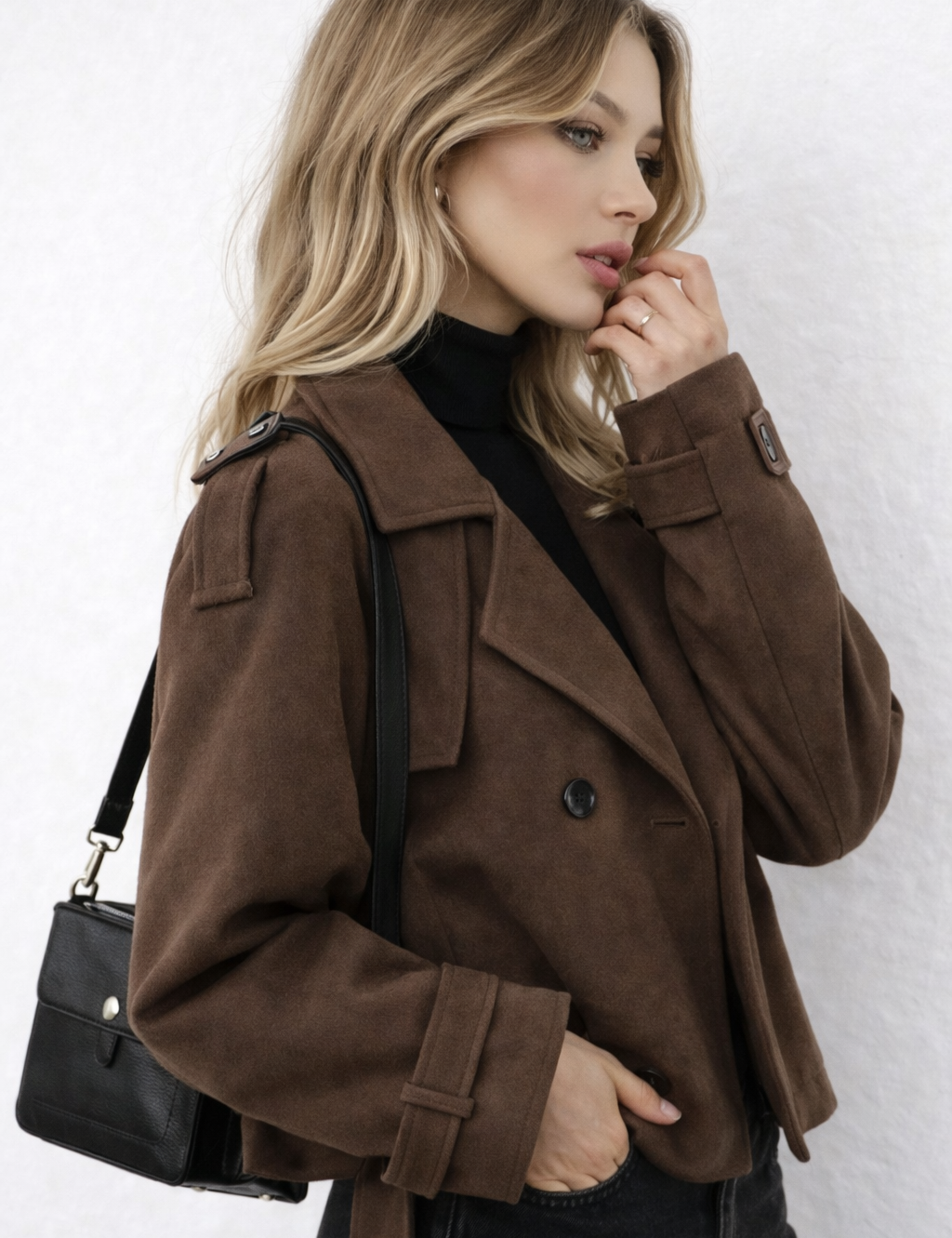Brown wool jacket with belt side view