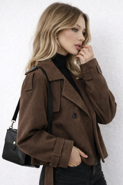 Brown wool jacket with belt side view