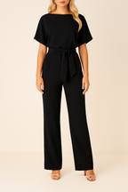 Jumpsuit zwart met riem en vallende mouwen front view