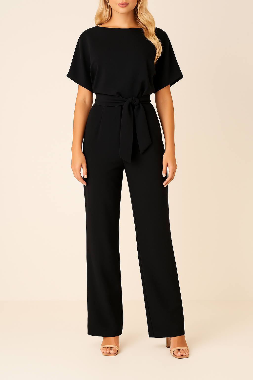 Jumpsuit zwart met riem en vallende mouwen front view