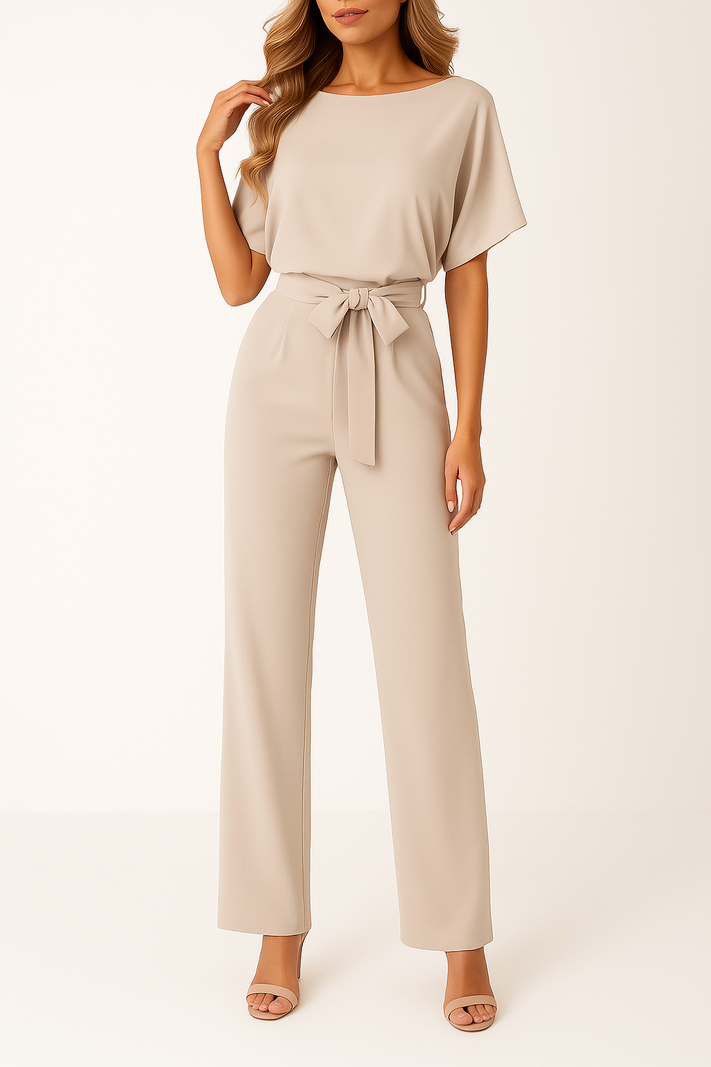 Jumpsuit beige met riem en breed mouw front view