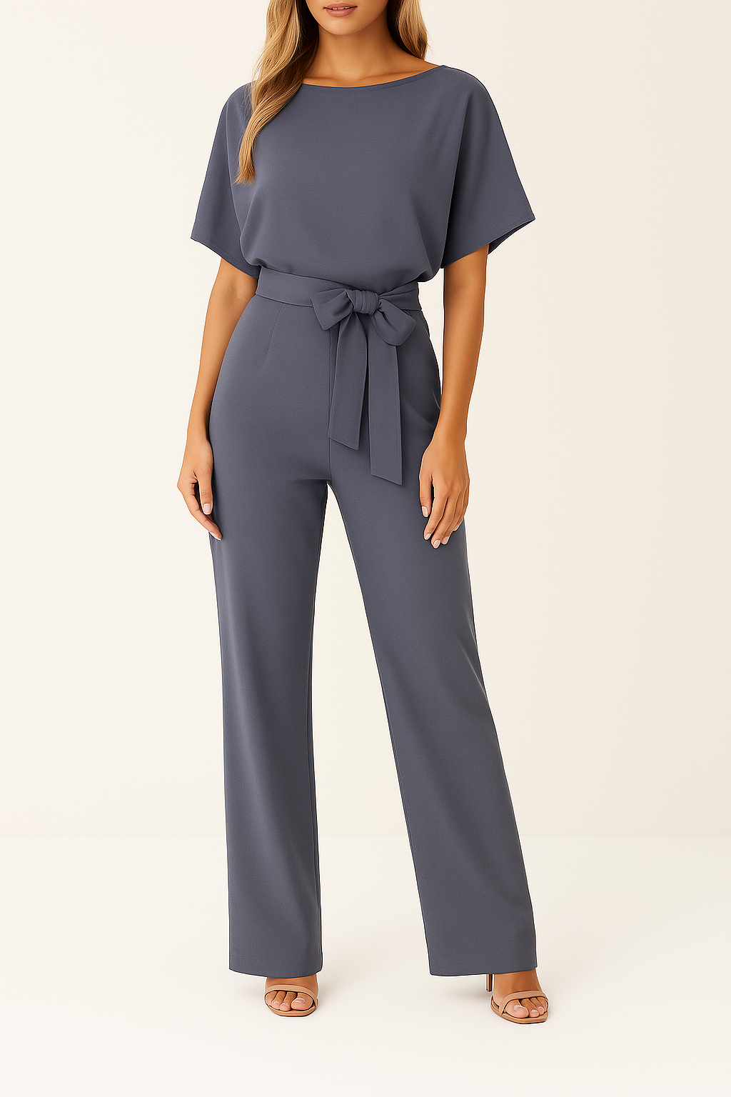 Jumpsuit donkerblauw met riem en korte mouwen front view