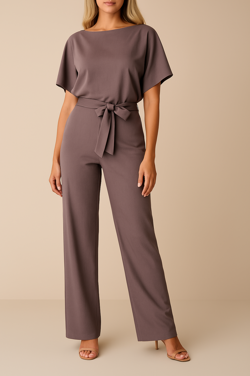 Jumpsuit donkerroze met riem en vallende mouwen front view