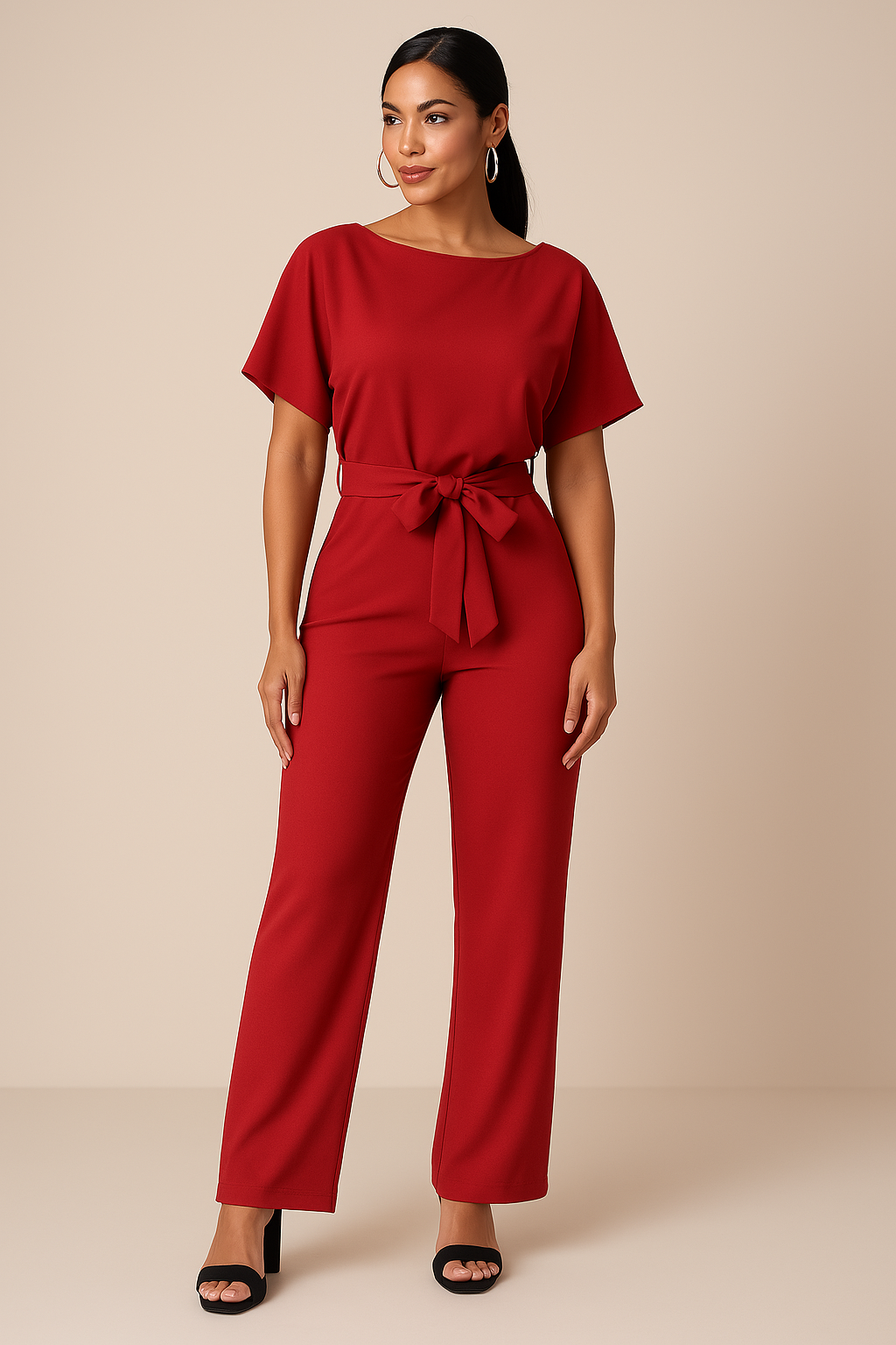 Rode jumpsuit met riemdetail en korte mouwen front view
