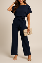 Jumpsuit donkerblauw met riem en korte mouwen front view