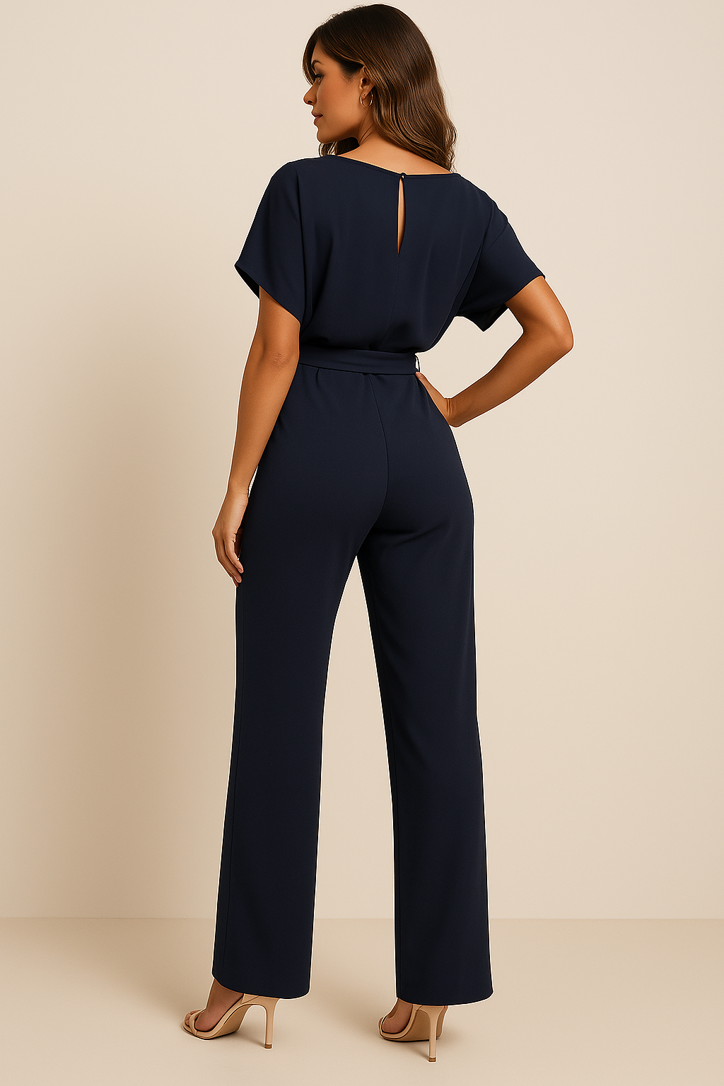 Jumpsuit donkerblauw met ronde hals en korte mouwen, rugzijde