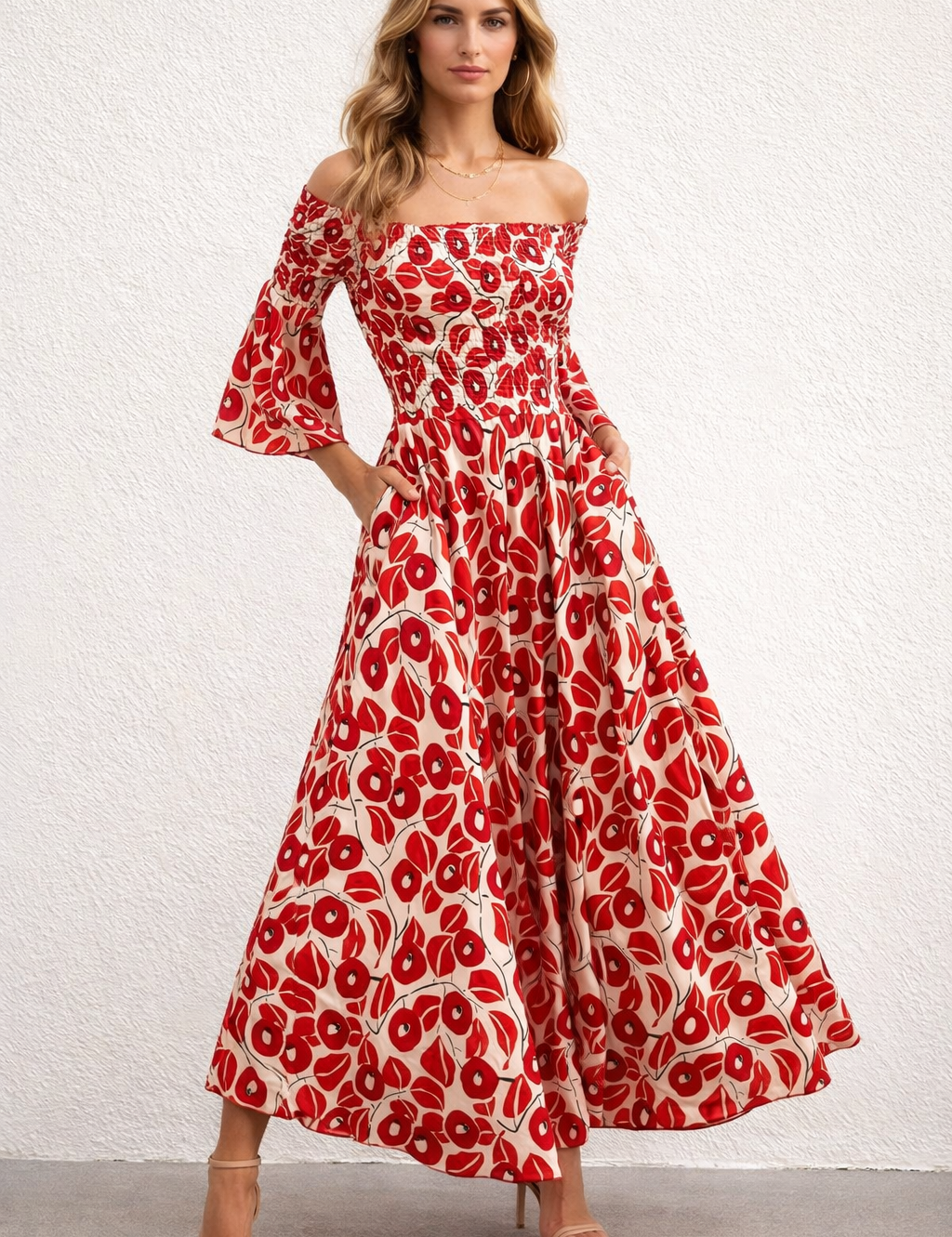 Maxi dress red floral print off-shoulder front view