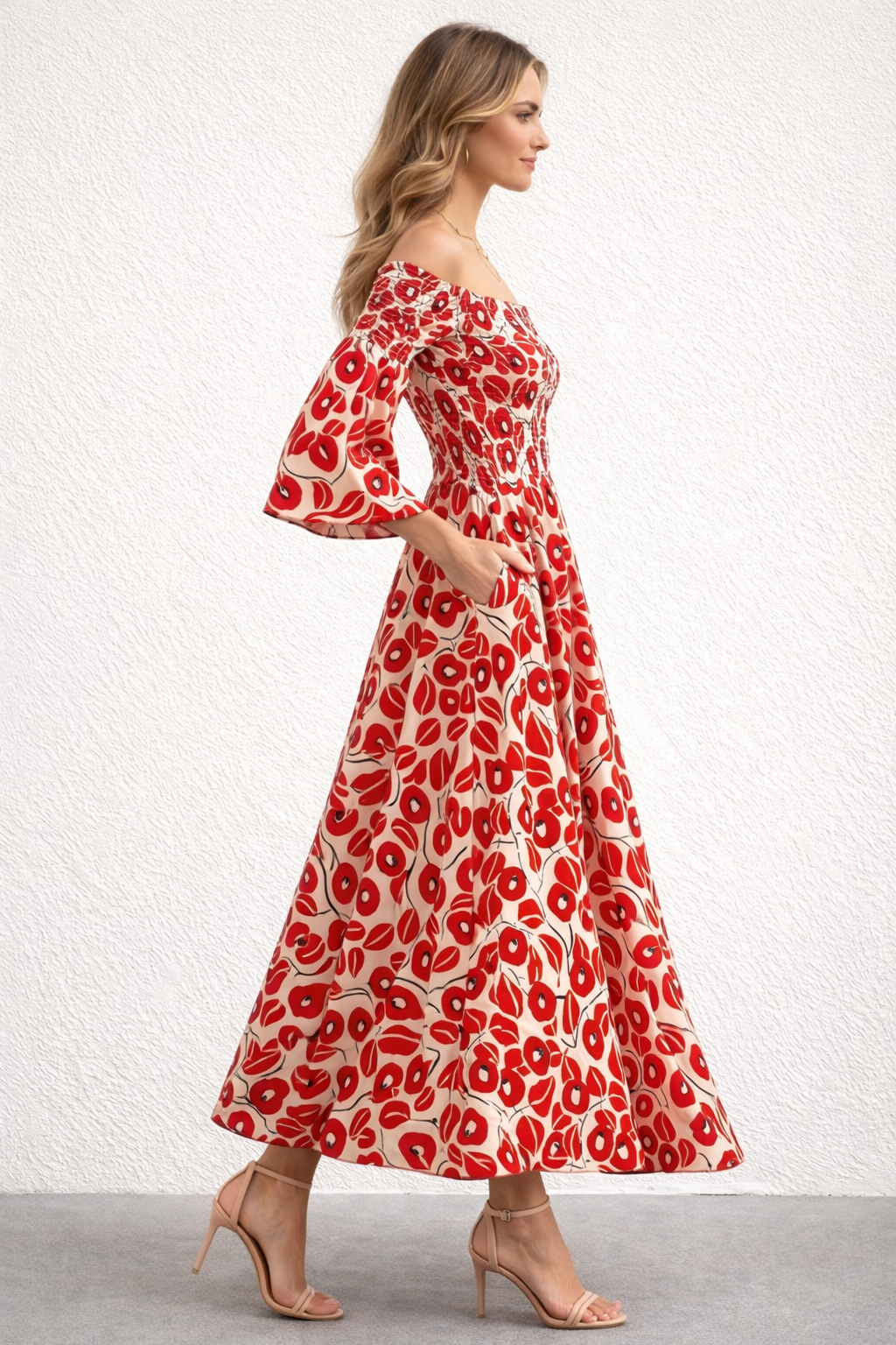 Maxi dress red floral print off-shoulder side view