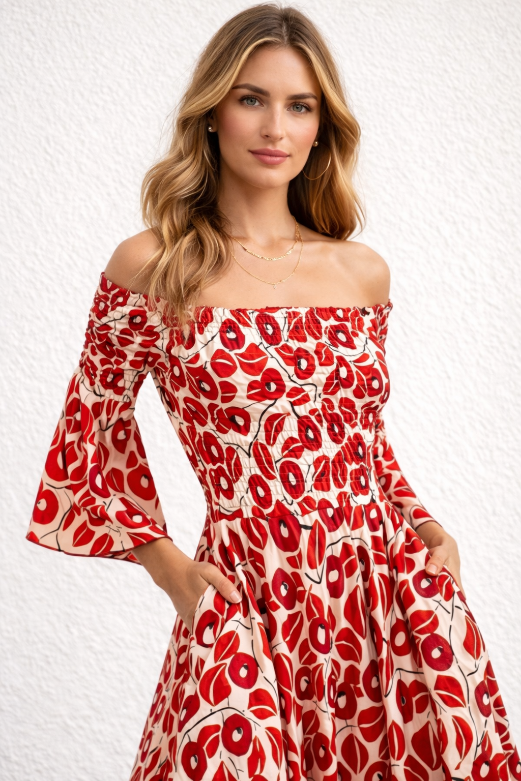 Maxi dress red floral print off-shoulder close-up
