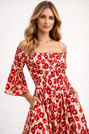 Maxi dress red floral print off-shoulder close-up