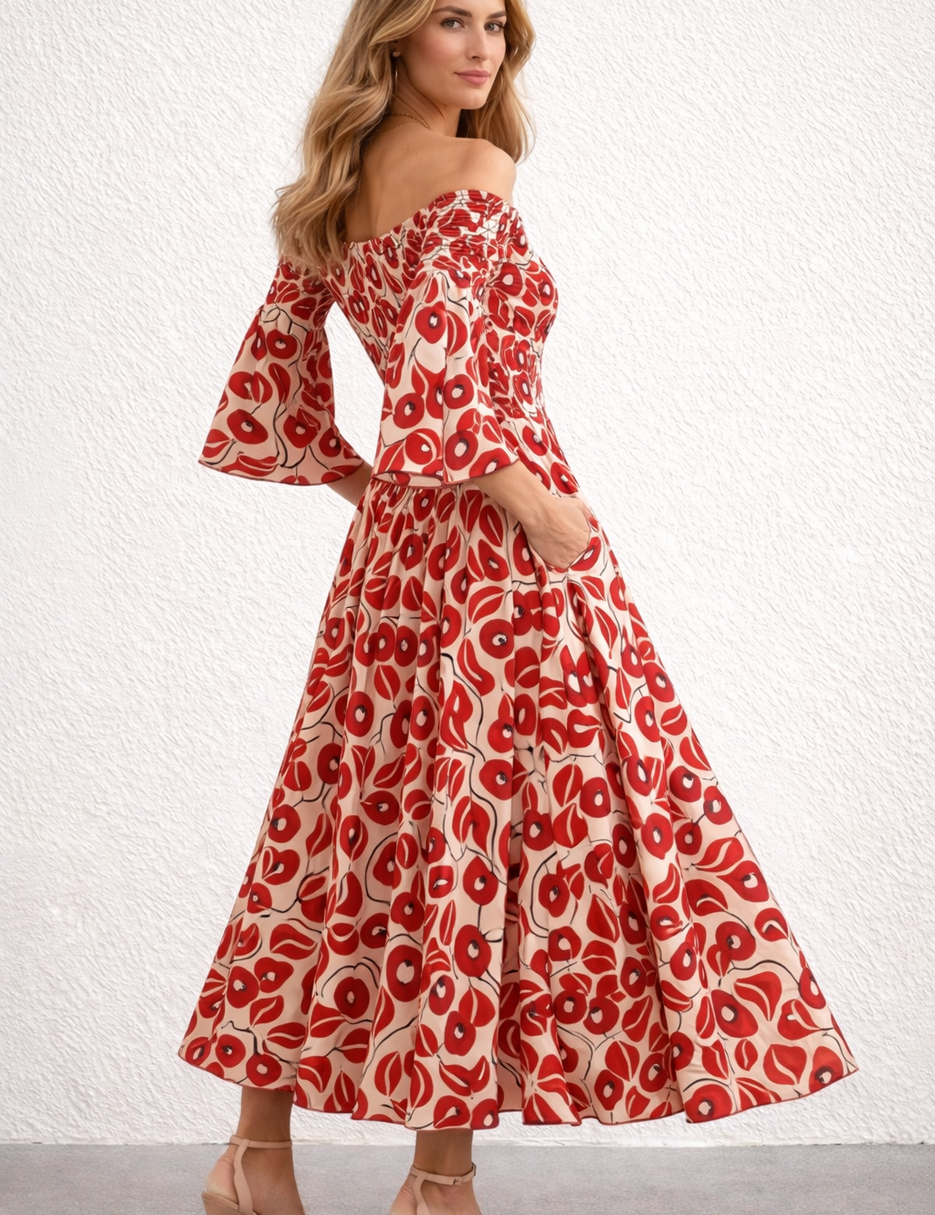 Maxi dress red floral print off-shoulder back view
