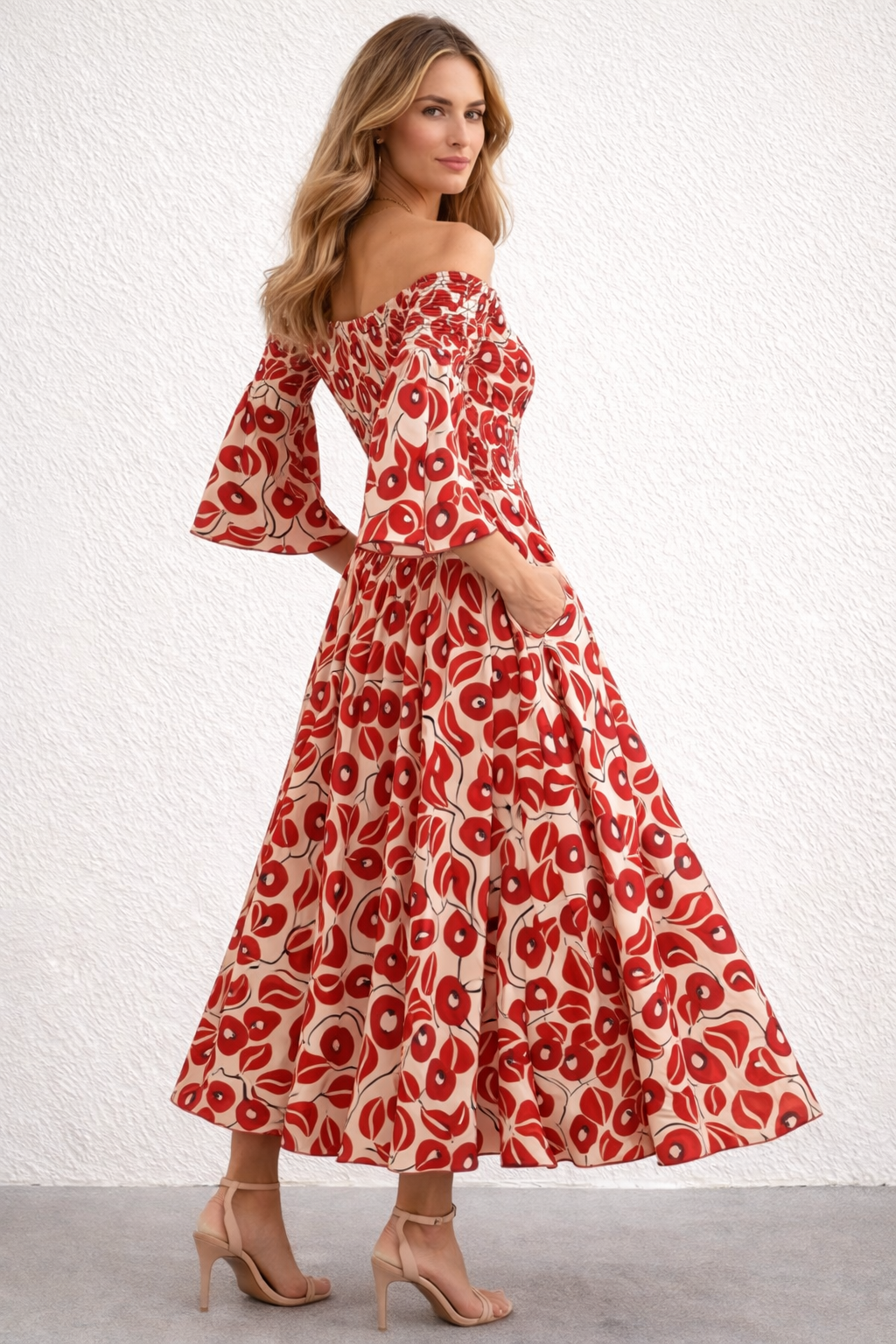 Maxi dress red floral print off-shoulder back view