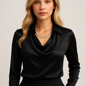 Witte satijnen blouse met watervalhals, front view