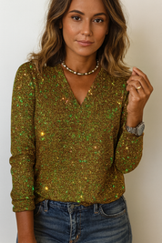 Glitter blouse geel met V-hals en lange mouwen front view