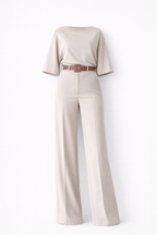 Beige tweed jumpsuit with brown belt studio shot