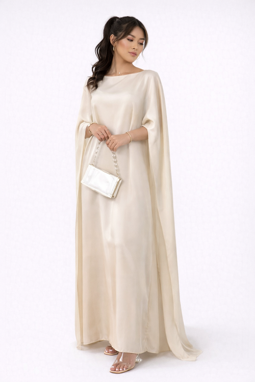 Kaftan jurk met luchtige cape mouwen crème front view