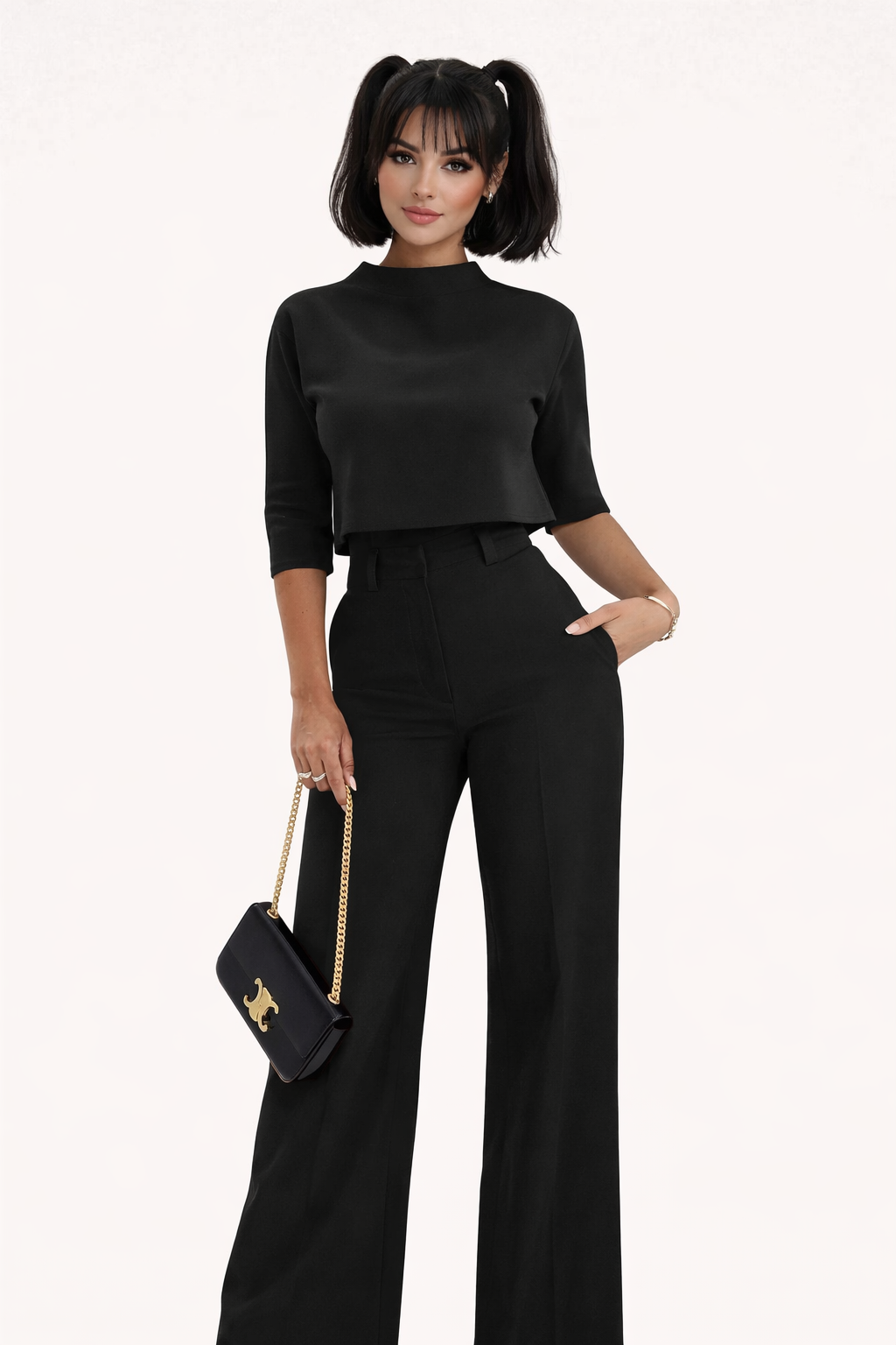 Black pantsuit set with crop top and wide legs, front view