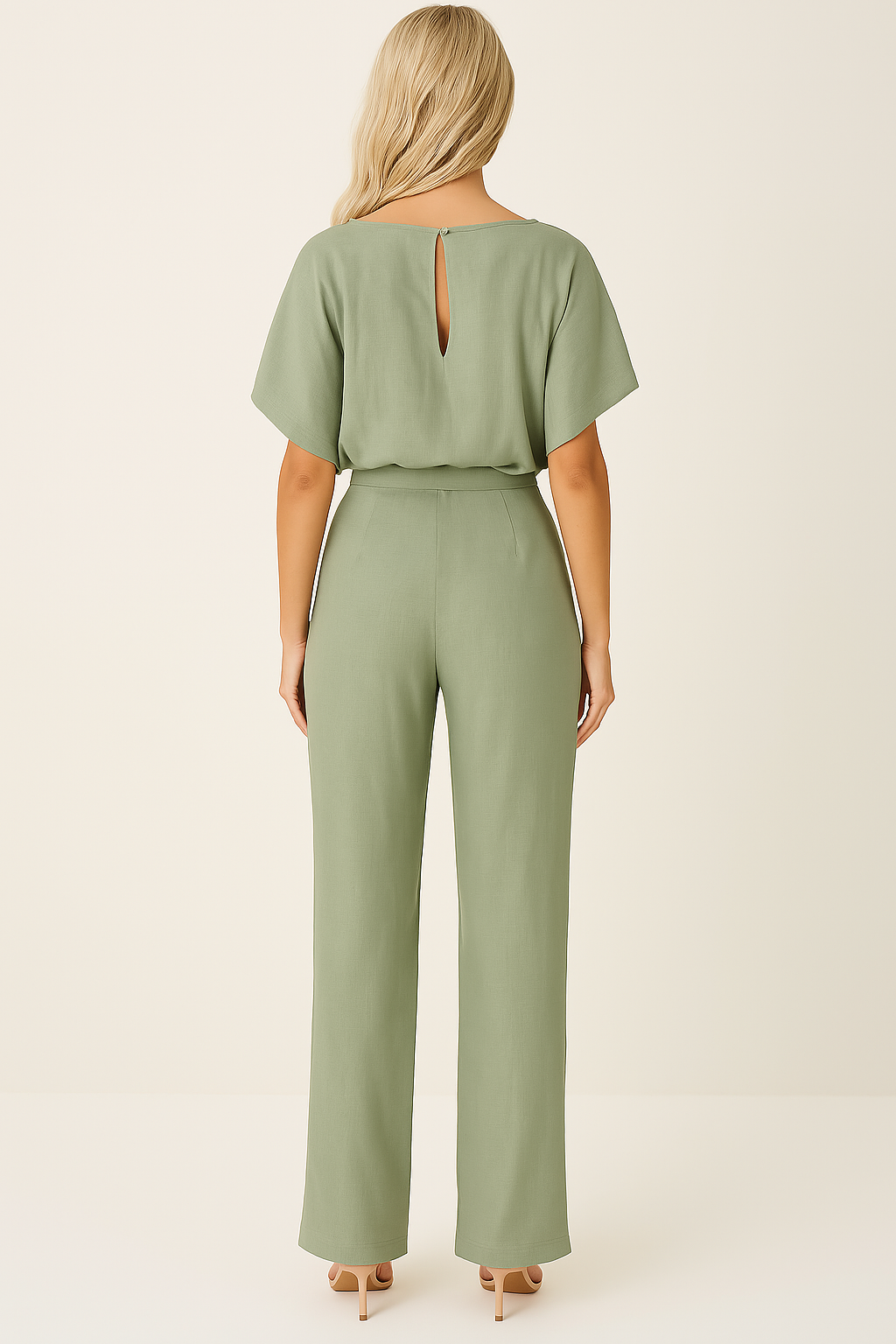 Jumpsuit groen met open rug en korte mouwen achterzijde
