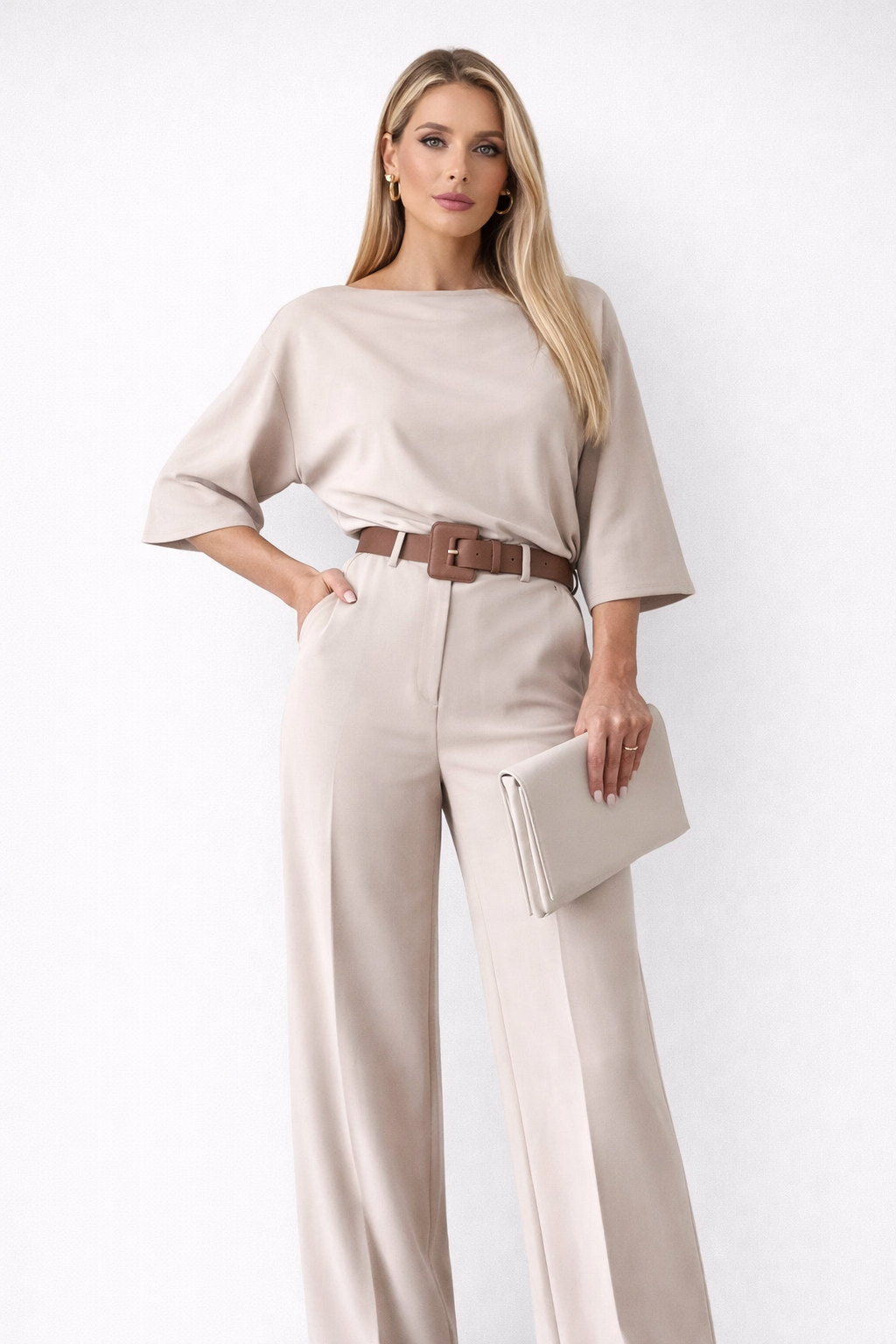 Beige tweed jumpsuit with brown belt front view