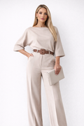 Beige tweed jumpsuit with brown belt front view