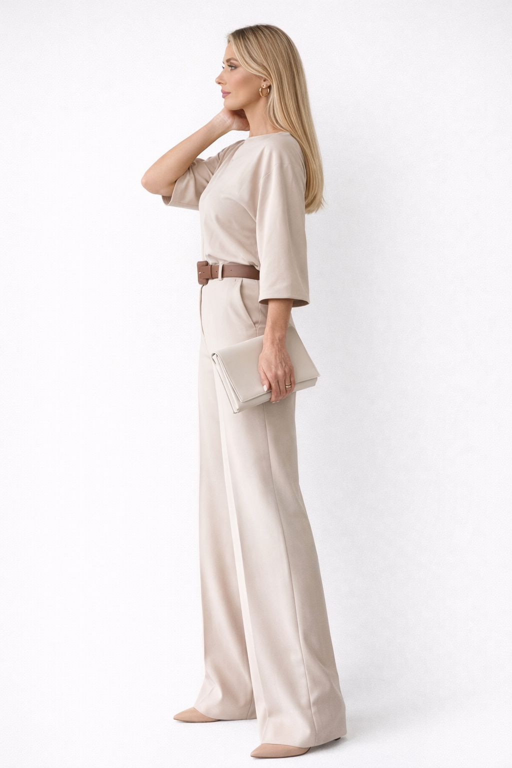 Beige tweed jumpsuit with brown belt side profile